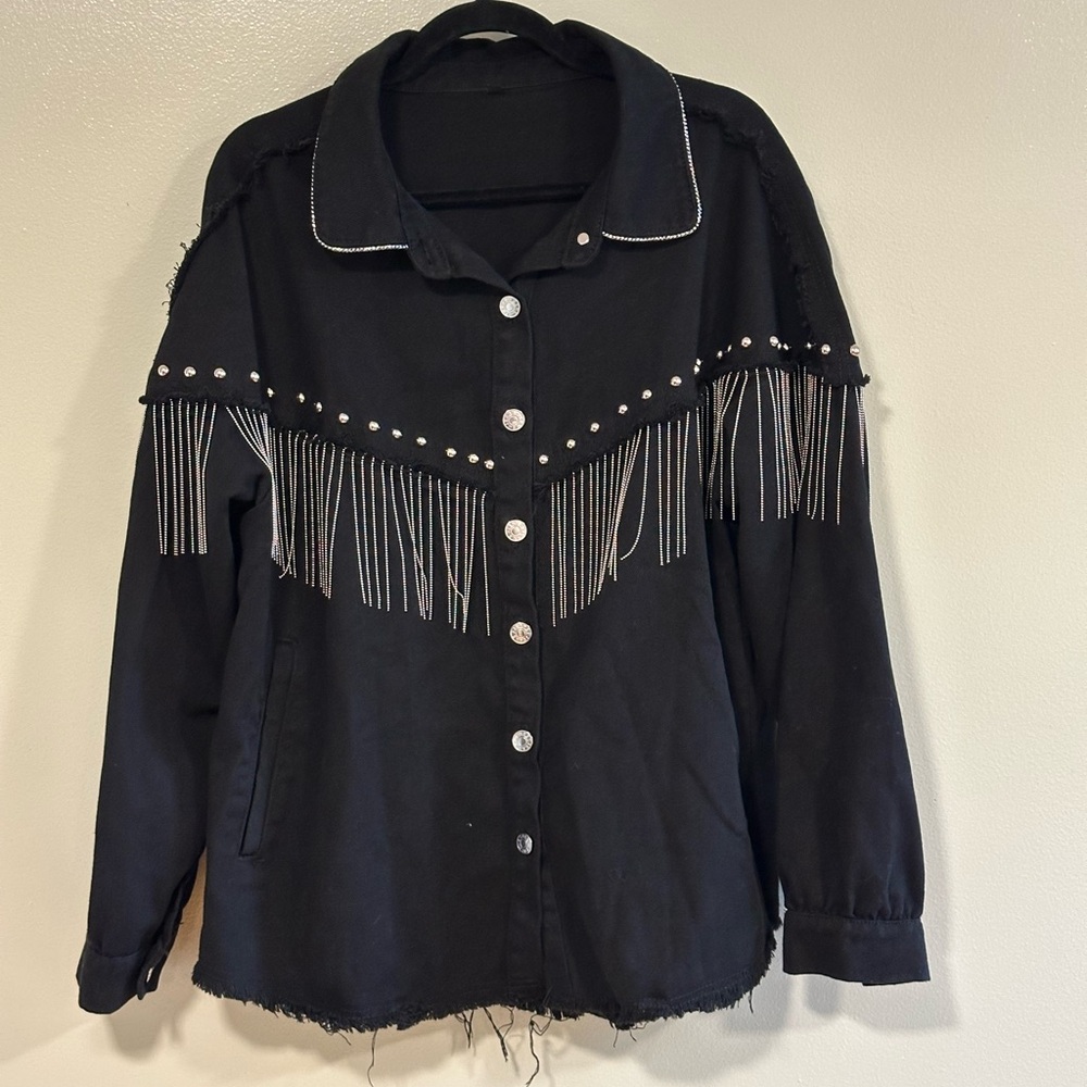 Chic Black Fringe Jean Jacket